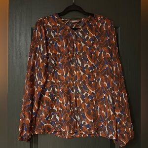 Button-Front Printed Blouse in Rust, Blue & Cream